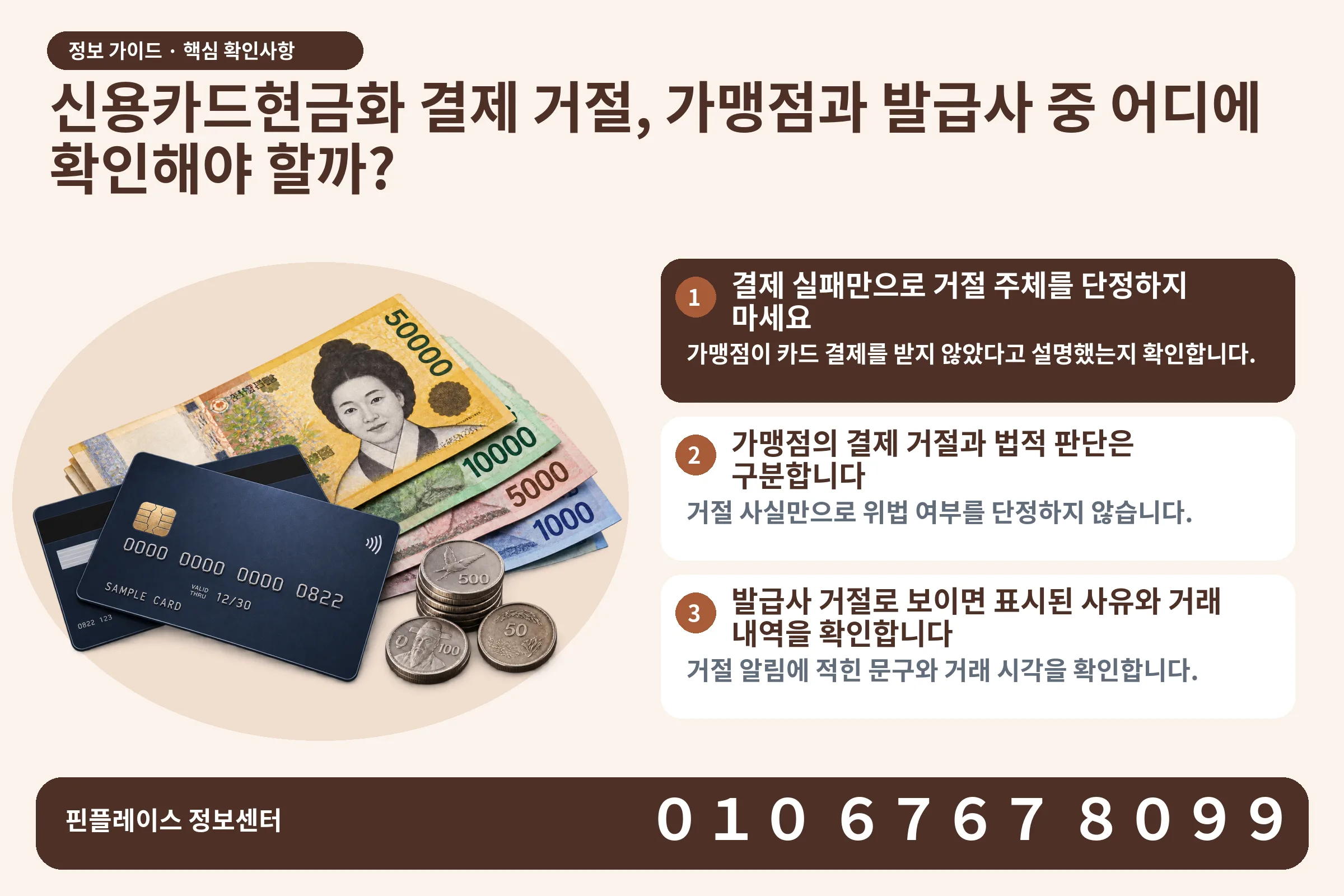 신용카드현금화 결제 거절, 가맹점과 발급사 중 어디에 확인해야 할까? · 신용카드 / 현금·동전 · 본문 확인사항: 결제 실패만으로 거절 주체를 단정하지 마세요; 가맹점의 결제 거절과 법적 판단은 구분합니다; 발급사 거절로 보이면 표시된 사유와 거래 내역을 확인합니다
