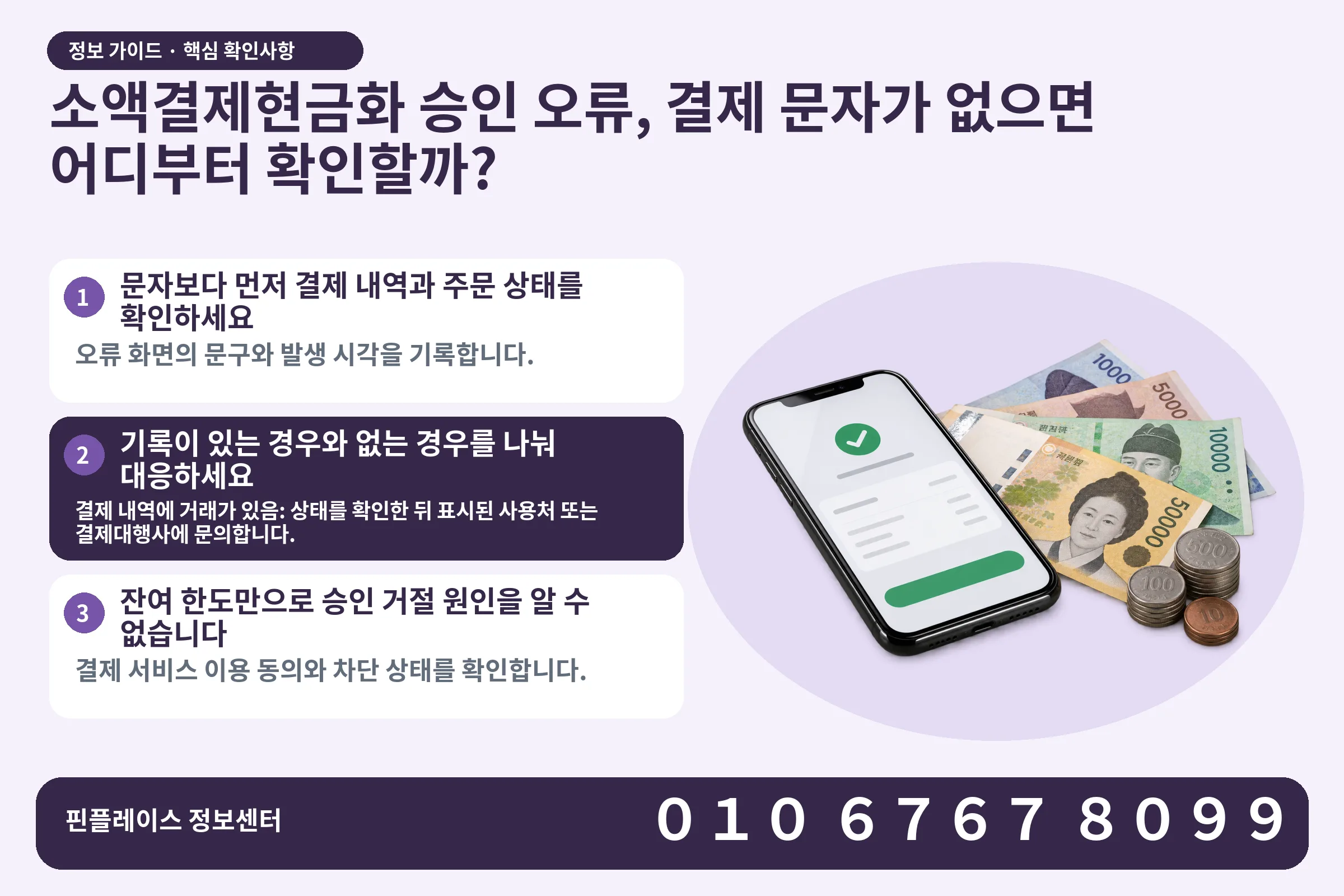 소액결제현금화 승인 오류, 결제 문자가 없으면 어디부터 확인할까? · 휴대폰 결제 화면 / 현금·동전 · 본문 확인사항: 문자보다 먼저 결제 내역과 주문 상태를 확인하세요; 기록이 있는 경우와 없는 경우를 나눠 대응하세요; 잔여 한도만으로 승인 거절 원인을 알 수 없습니다