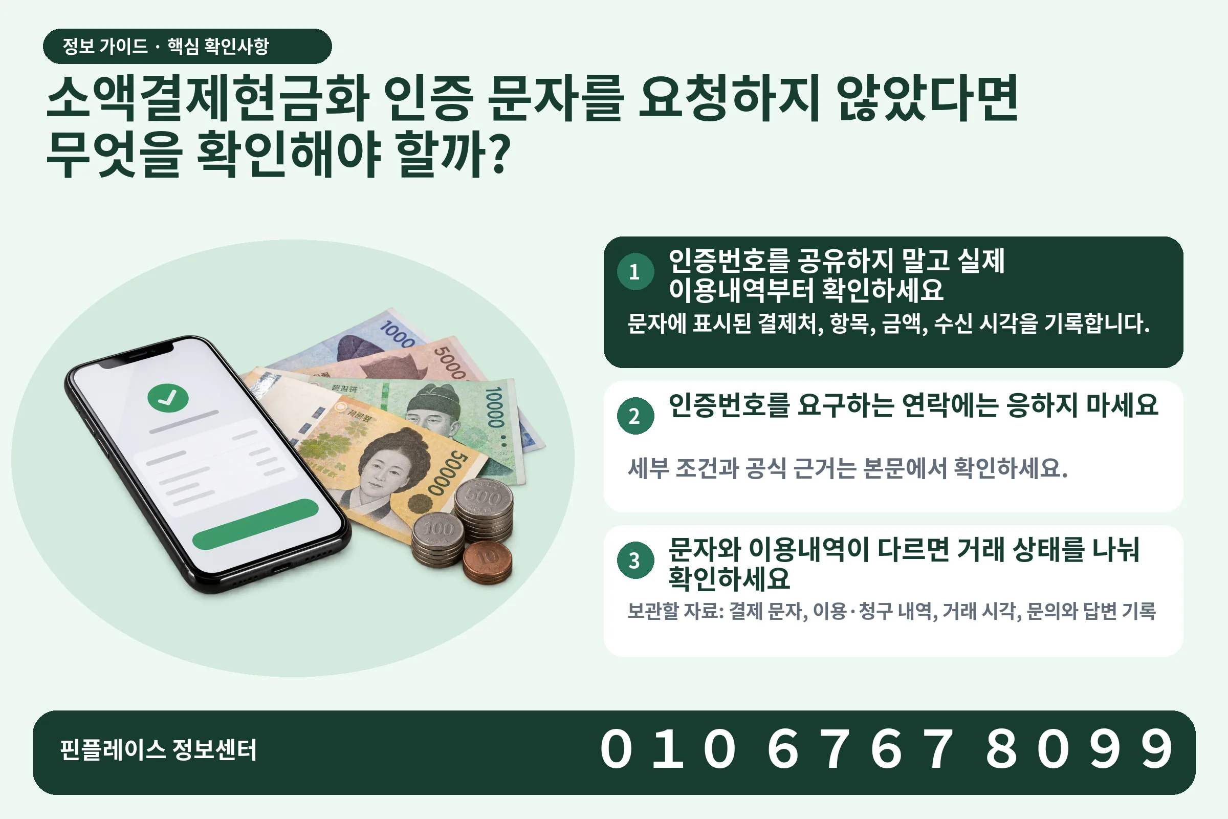 소액결제현금화 인증 문자를 요청하지 않았다면 무엇을 확인해야 할까? · 휴대폰 결제 화면 / 현금·동전 · 본문 확인사항: 인증번호를 공유하지 말고 실제 이용내역부터 확인하세요; 인증번호를 요구하는 연락에는 응하지 마세요; 문자와 이용내역이 다르면 거래 상태를 나눠 확인하세요