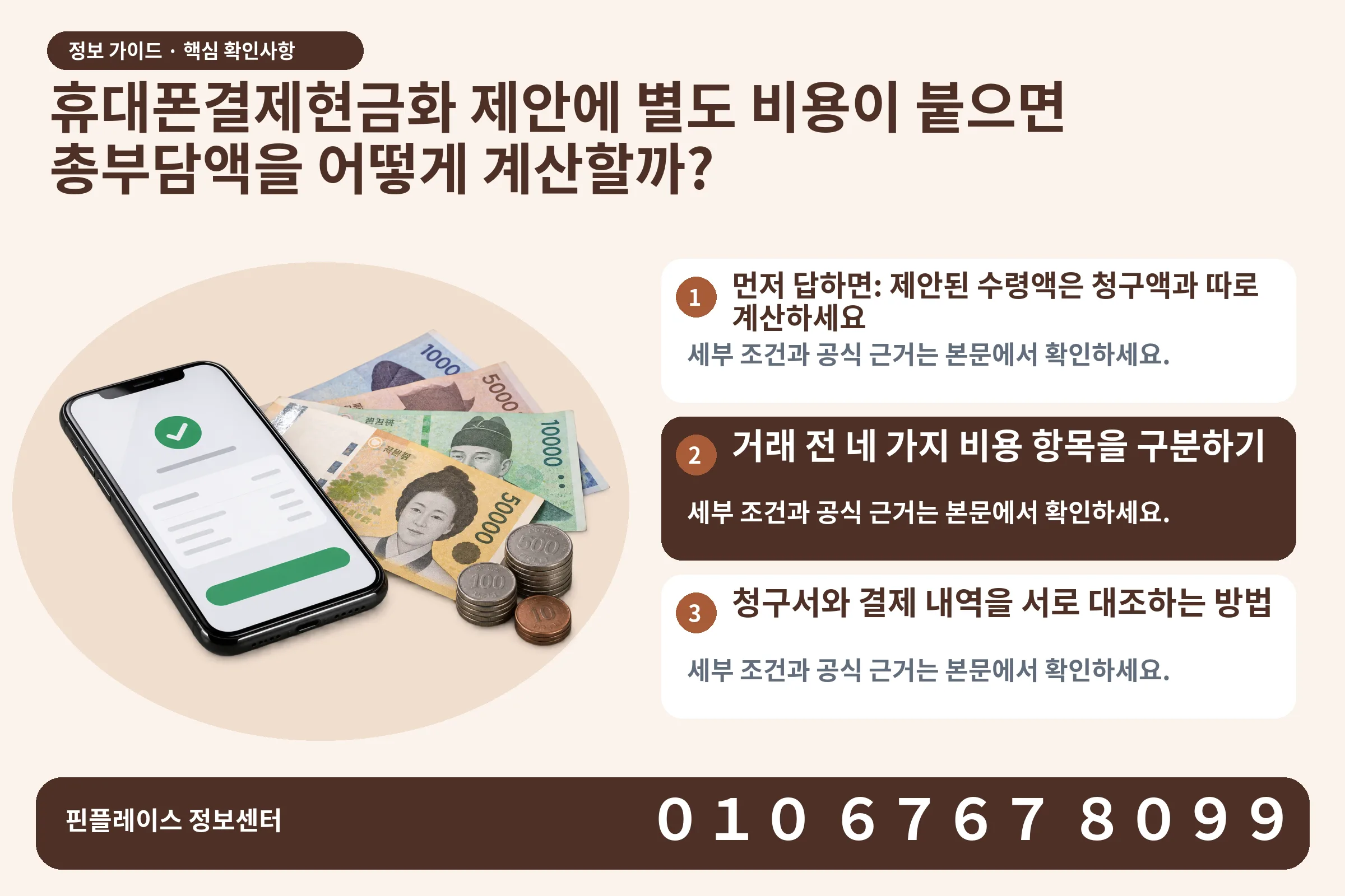 휴대폰결제현금화 제안에 별도 비용이 붙으면 총부담액을 어떻게 계산할까? · 휴대폰 결제 화면 / 현금·동전 · 본문 확인사항: 먼저 답하면: 제안된 수령액은 청구액과 따로 계산하세요; 거래 전 네 가지 비용 항목을 구분하기; 청구서와 결제 내역을 서로 대조하는 방법