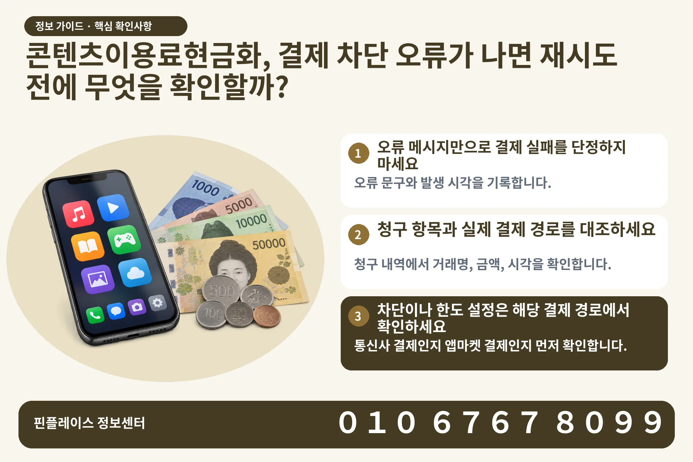 콘텐츠이용료현금화, 결제 차단 오류가 나면 재시도 전에 무엇을 확인할까? · 콘텐츠 결제 화면 / 현금·동전 · 본문 확인사항: 오류 메시지만으로 결제 실패를 단정하지 마세요; 청구 항목과 실제 결제 경로를 대조하세요; 차단이나 한도 설정은 해당 결제 경로에서 확인하세요