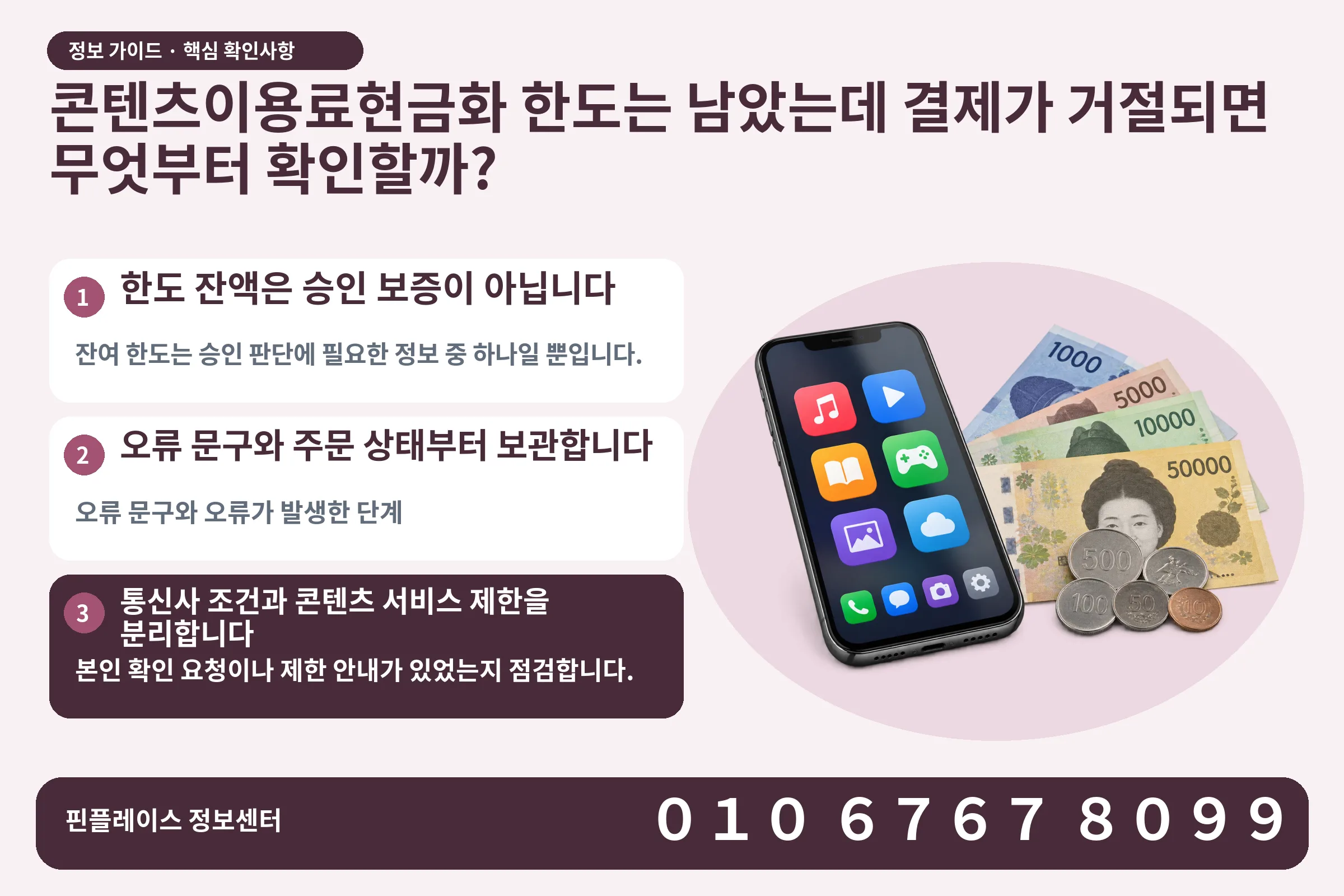 콘텐츠이용료현금화 한도는 남았는데 결제가 거절되면 무엇부터 확인할까? · 콘텐츠 결제 화면 / 현금·동전 · 본문 확인사항: 한도 잔액은 승인 보증이 아닙니다; 오류 문구와 주문 상태부터 보관합니다; 통신사 조건과 콘텐츠 서비스 제한을 분리합니다