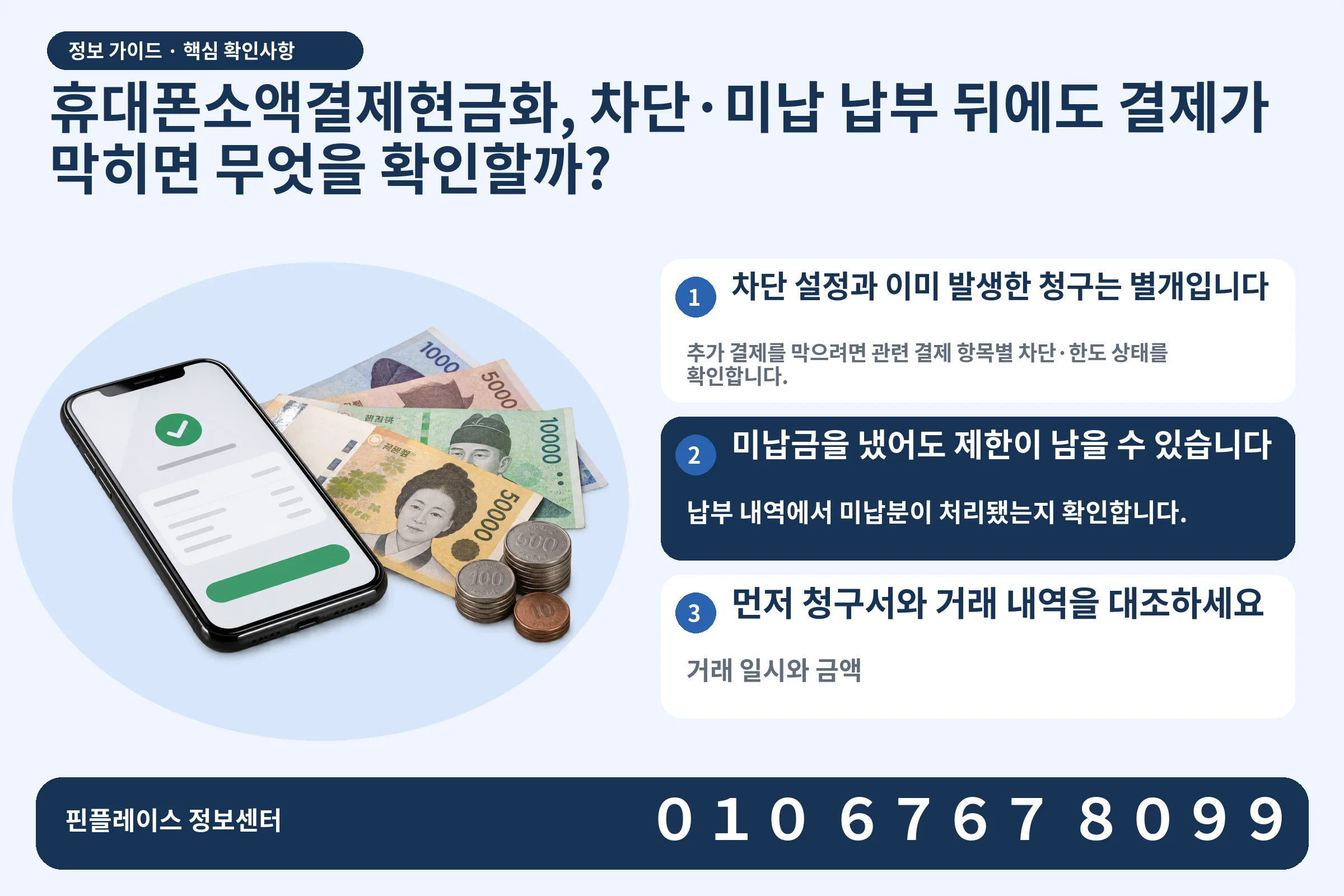 휴대폰소액결제현금화, 차단·미납 납부 뒤에도 결제가 막히면 무엇을 확인할까? · 휴대폰 결제 화면 / 현금·동전 · 본문 확인사항: 차단 설정과 이미 발생한 청구는 별개입니다; 미납금을 냈어도 제한이 남을 수 있습니다; 먼저 청구서와 거래 내역을 대조하세요