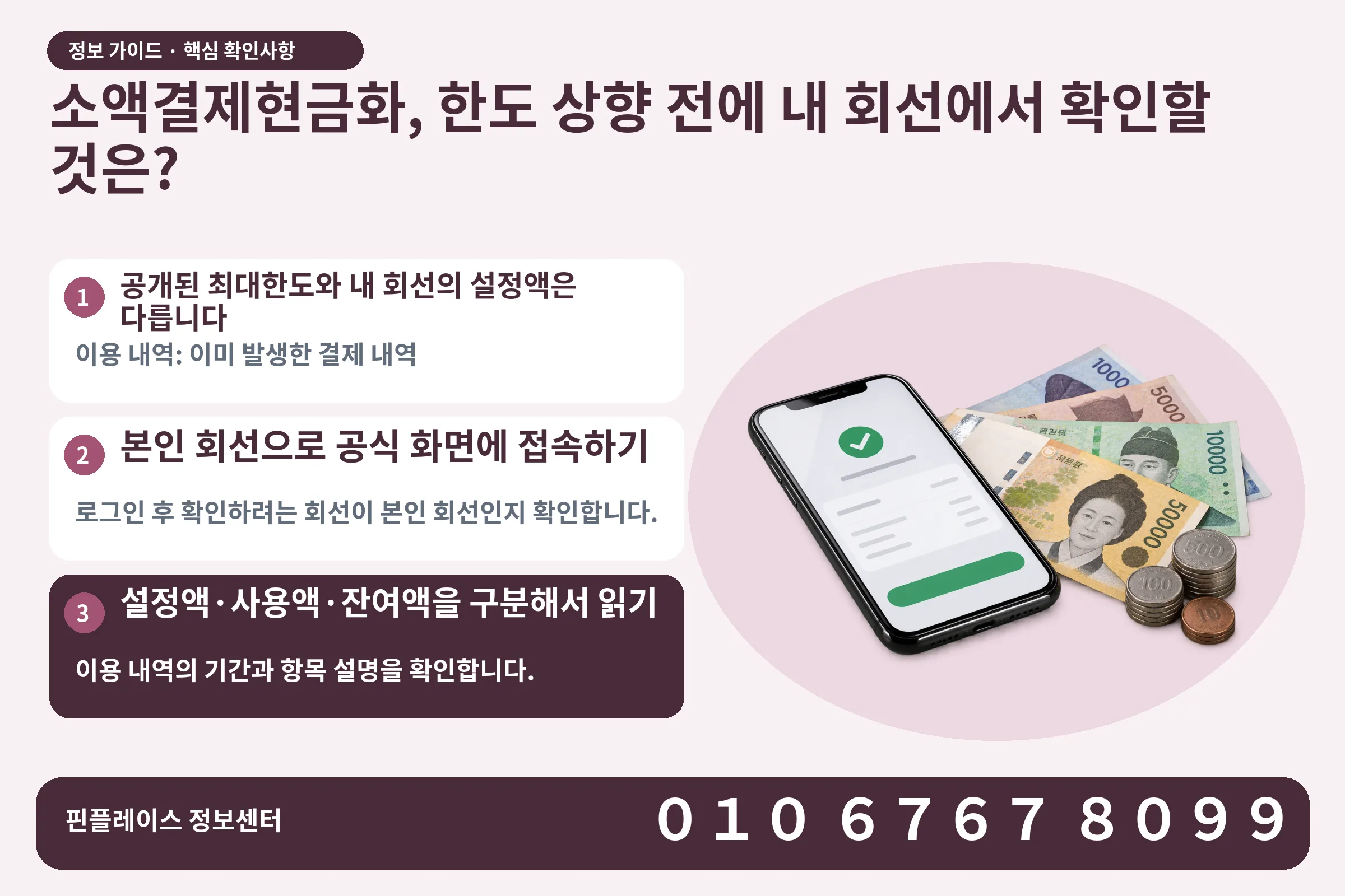 소액결제현금화, 한도 상향 전에 내 회선에서 확인할 것은? · 휴대폰 결제 화면 / 현금·동전 · 본문 확인사항: 공개된 최대한도와 내 회선의 설정액은 다릅니다; 본인 회선으로 공식 화면에 접속하기; 설정액·사용액·잔여액을 구분해서 읽기