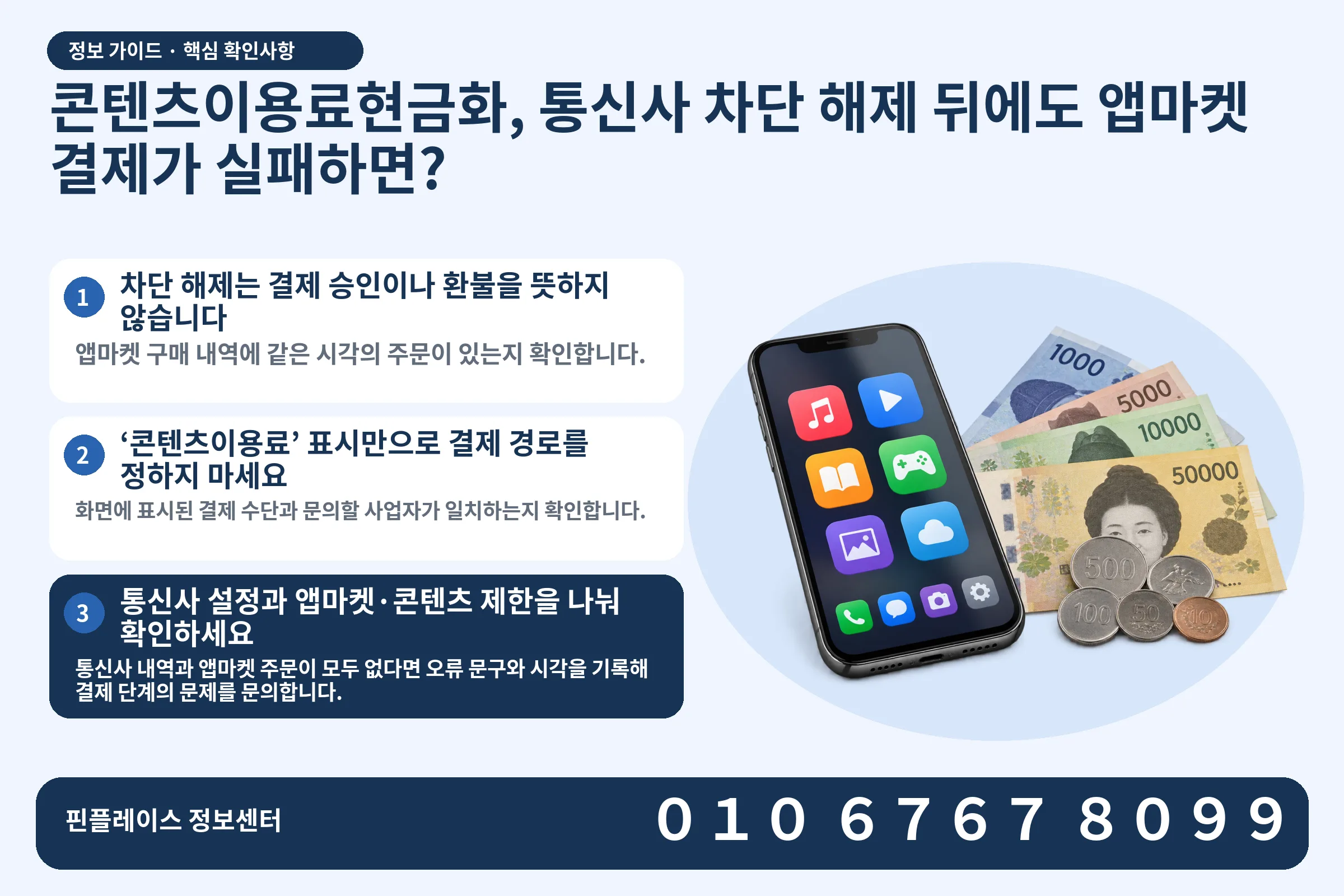 콘텐츠이용료현금화, 통신사 차단 해제 뒤에도 앱마켓 결제가 실패하면? · 콘텐츠 결제 화면 / 현금·동전 · 본문 확인사항: 차단 해제는 결제 승인이나 환불을 뜻하지 않습니다; ‘콘텐츠이용료’ 표시만으로 결제 경로를 정하지 마세요; 통신사 설정과 앱마켓·콘텐츠 제한을 나눠 확인하세요