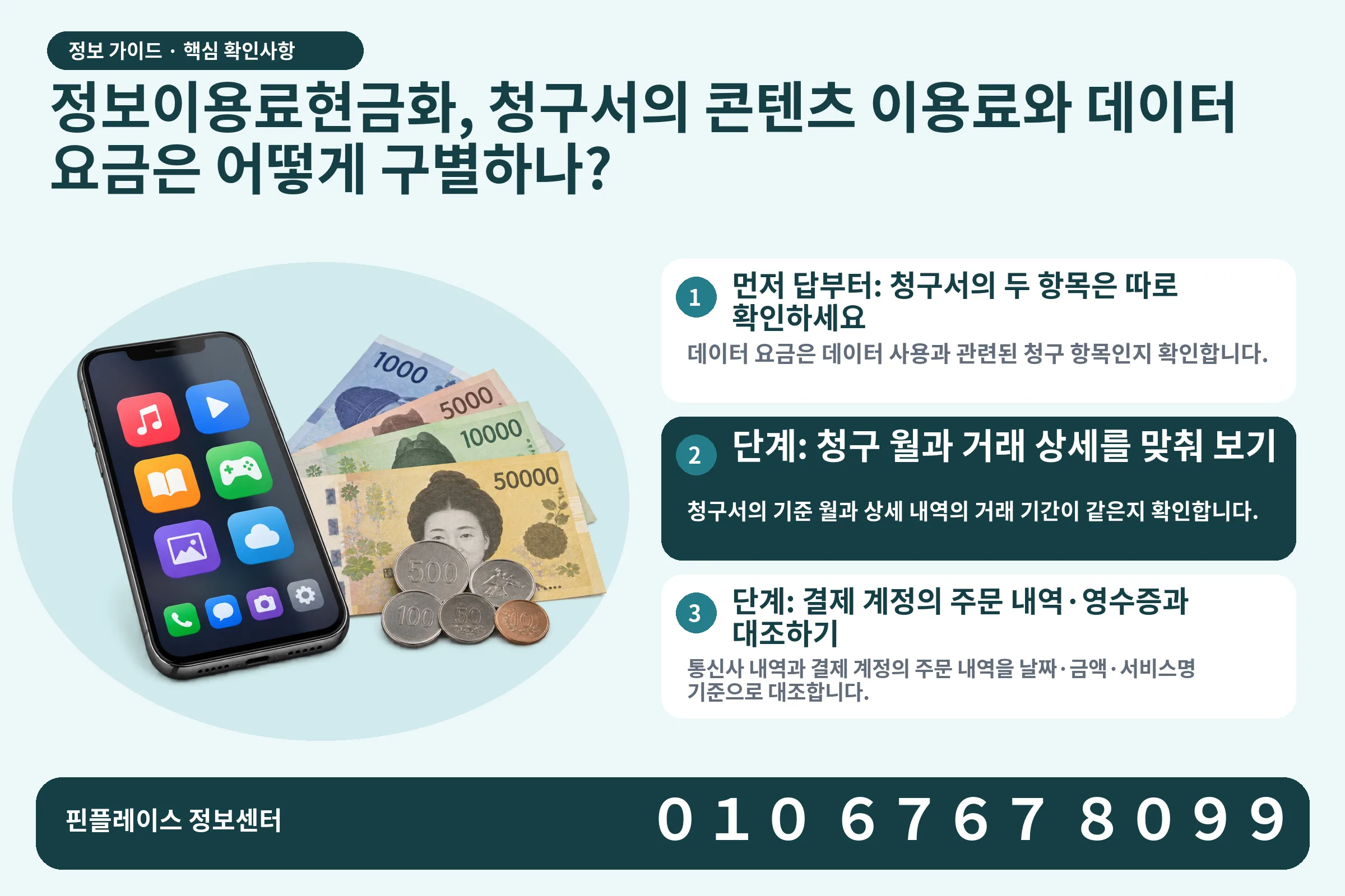 정보이용료현금화, 청구서의 콘텐츠 이용료와 데이터 요금은 어떻게 구별하나? · 콘텐츠 결제 화면 / 현금·동전 · 본문 확인사항: 먼저 답부터: 청구서의 두 항목은 따로 확인하세요; 단계: 청구 월과 거래 상세를 맞춰 보기; 단계: 결제 계정의 주문 내역·영수증과 대조하기
