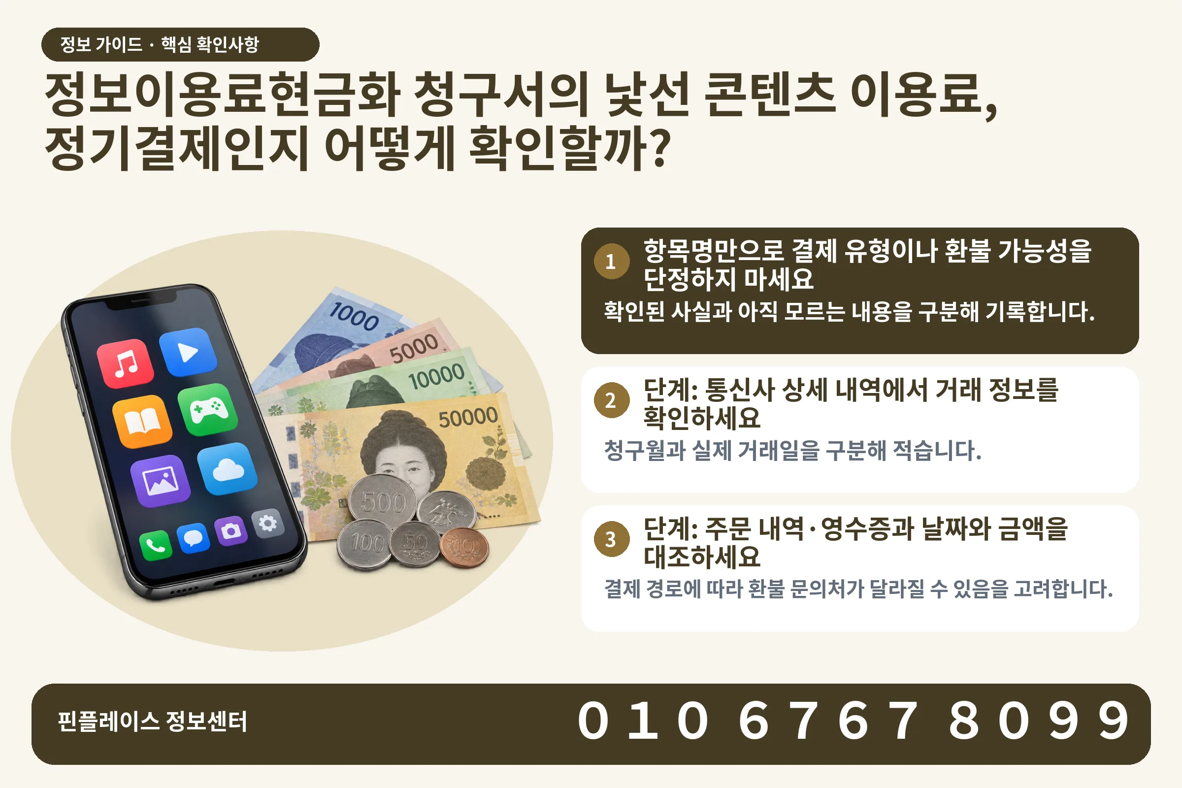 정보이용료현금화 청구서의 낯선 콘텐츠 이용료, 정기결제인지 어떻게 확인할까? · 콘텐츠 결제 화면 / 현금·동전 · 본문 확인사항: 항목명만으로 결제 유형이나 환불 가능성을 단정하지 마세요; 단계: 통신사 상세 내역에서 거래 정보를 확인하세요; 단계: 주문 내역·영수증과 날짜와 금액을 대조하세요