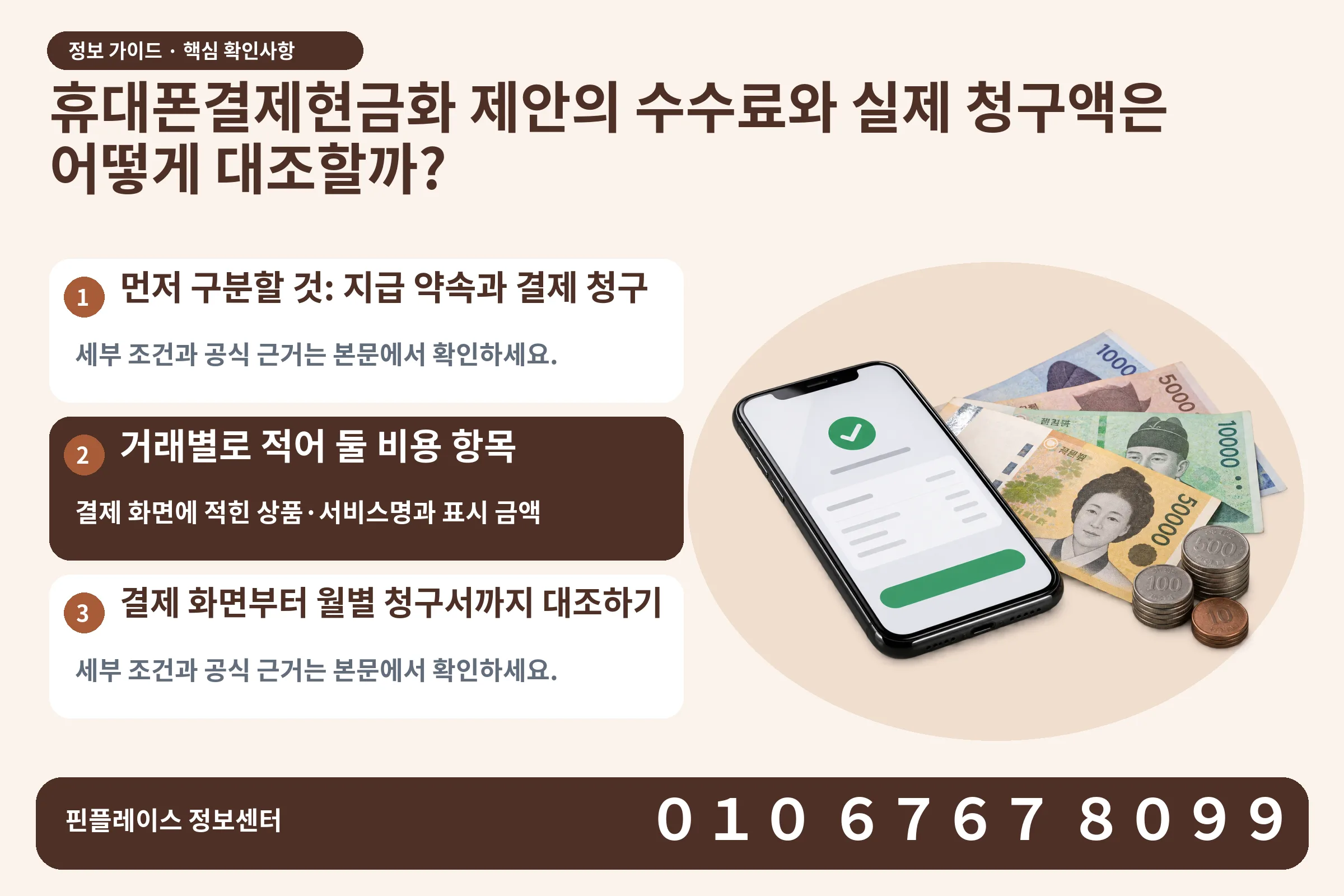 휴대폰결제현금화 제안의 수수료와 실제 청구액은 어떻게 대조할까? · 휴대폰 결제 화면 / 현금·동전 · 본문 확인사항: 먼저 구분할 것: 지급 약속과 결제 청구; 거래별로 적어 둘 비용 항목; 결제 화면부터 월별 청구서까지 대조하기
