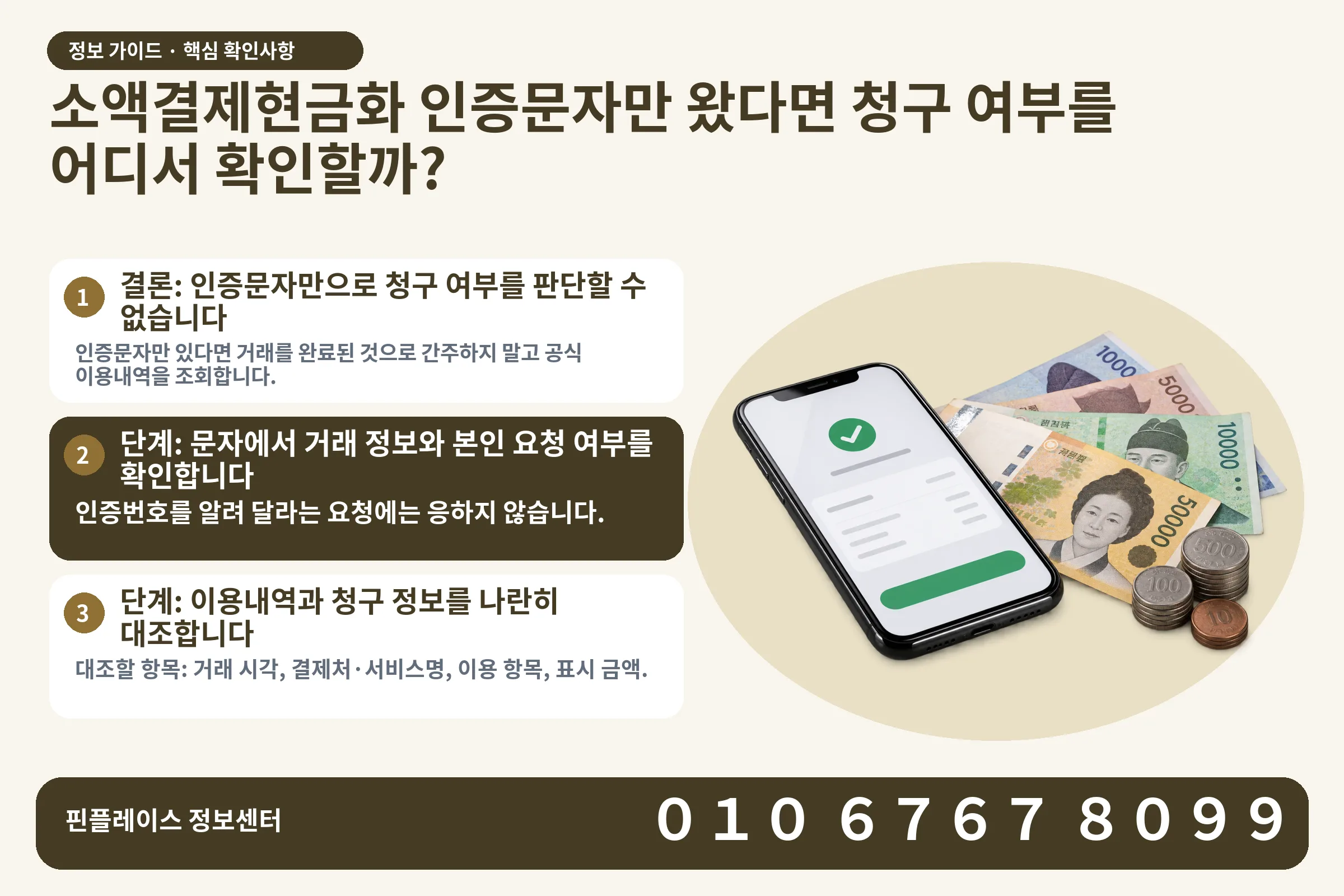 소액결제현금화 인증문자만 왔다면 청구 여부를 어디서 확인할까? · 휴대폰 결제 화면 / 현금·동전 · 본문 확인사항: 결론: 인증문자만으로 청구 여부를 판단할 수 없습니다; 단계: 문자에서 거래 정보와 본인 요청 여부를 확인합니다; 단계: 이용내역과 청구 정보를 나란히 대조합니다