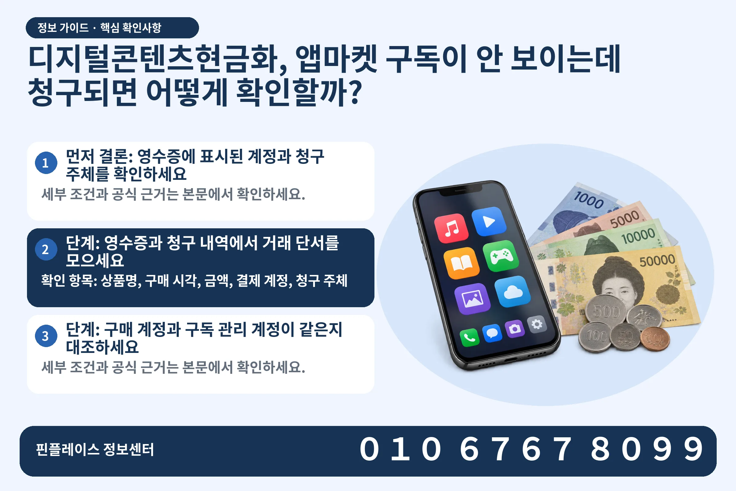 디지털콘텐츠현금화, 앱마켓 구독이 안 보이는데 청구되면 어떻게 확인할까? · 콘텐츠 결제 화면 / 현금·동전 · 본문 확인사항: 먼저 결론: 영수증에 표시된 계정과 청구 주체를 확인하세요; 단계: 영수증과 청구 내역에서 거래 단서를 모으세요; 단계: 구매 계정과 구독 관리 계정이 같은지 대조하세요