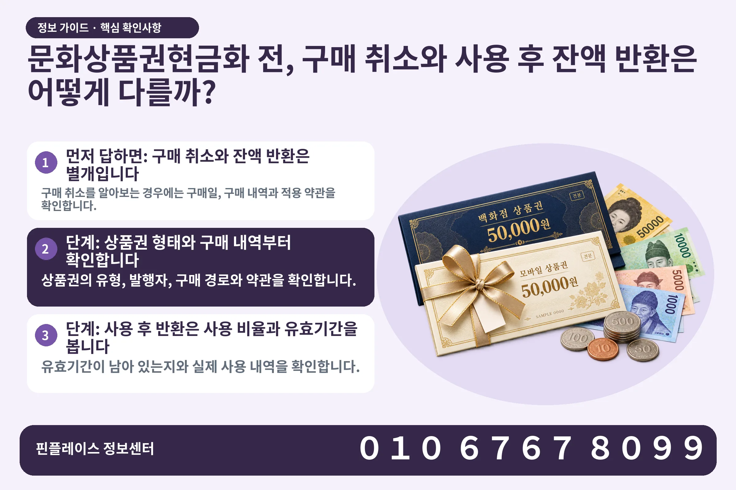 문화상품권현금화 전, 구매 취소와 사용 후 잔액 반환은 어떻게 다를까? · 상품권 / 현금·동전 · 본문 확인사항: 먼저 답하면: 구매 취소와 잔액 반환은 별개입니다; 단계: 상품권 형태와 구매 내역부터 확인합니다; 단계: 사용 후 반환은 사용 비율과 유효기간을 봅니다