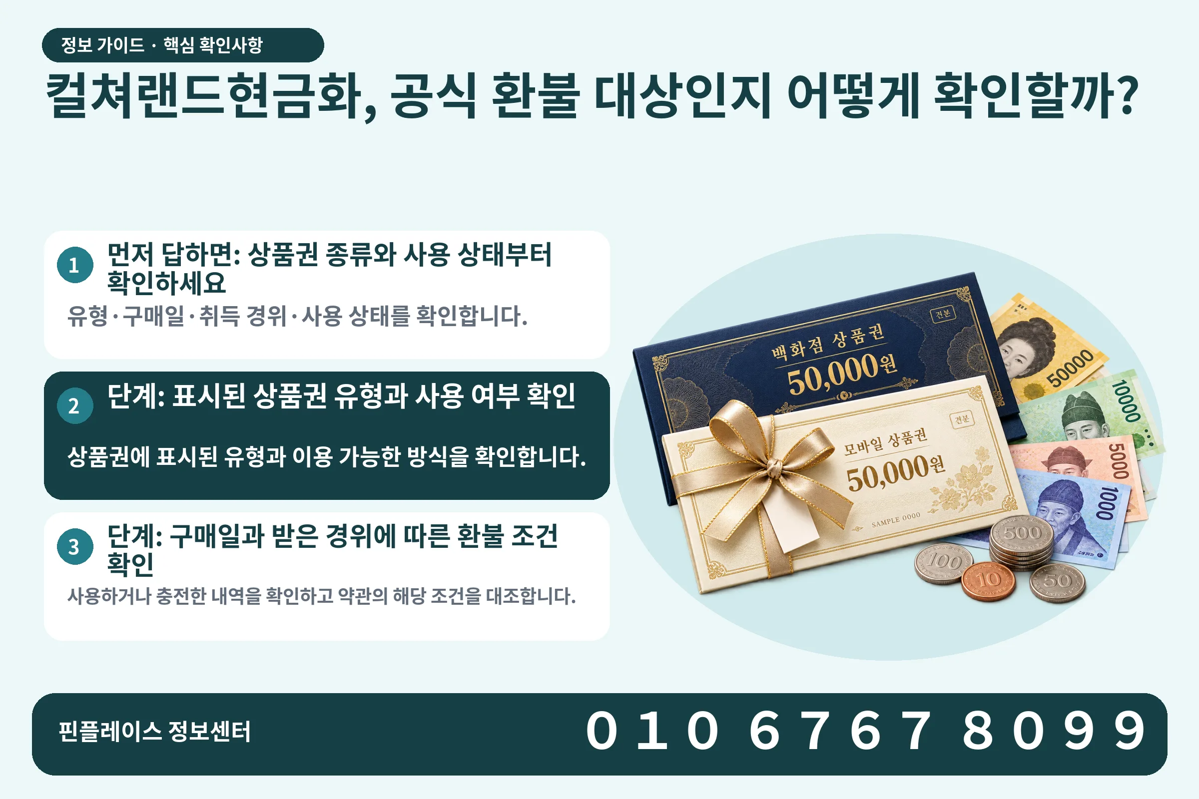 컬쳐랜드현금화, 공식 환불 대상인지 어떻게 확인할까? · 상품권 / 현금·동전 · 본문 확인사항: 먼저 답하면: 상품권 종류와 사용 상태부터 확인하세요; 단계: 표시된 상품권 유형과 사용 여부 확인; 단계: 구매일과 받은 경위에 따른 환불 조건 확인