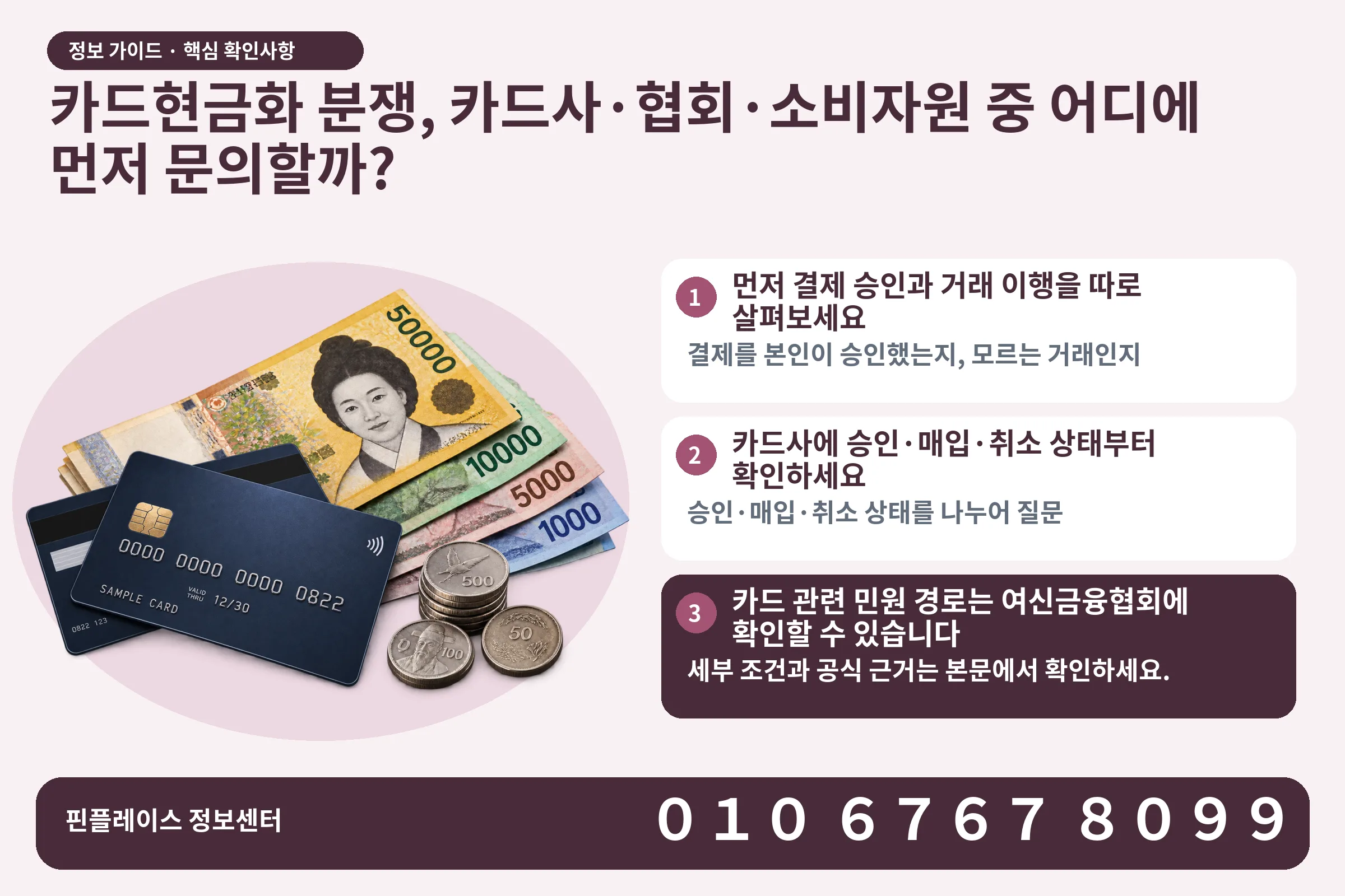 카드현금화 분쟁, 카드사·협회·소비자원 중 어디에 먼저 문의할까? · 신용카드 / 현금·동전 · 본문 확인사항: 먼저 결제 승인과 거래 이행을 따로 살펴보세요; 카드사에 승인·매입·취소 상태부터 확인하세요; 카드 관련 민원 경로는 여신금융협회에 확인할 수 있습니다