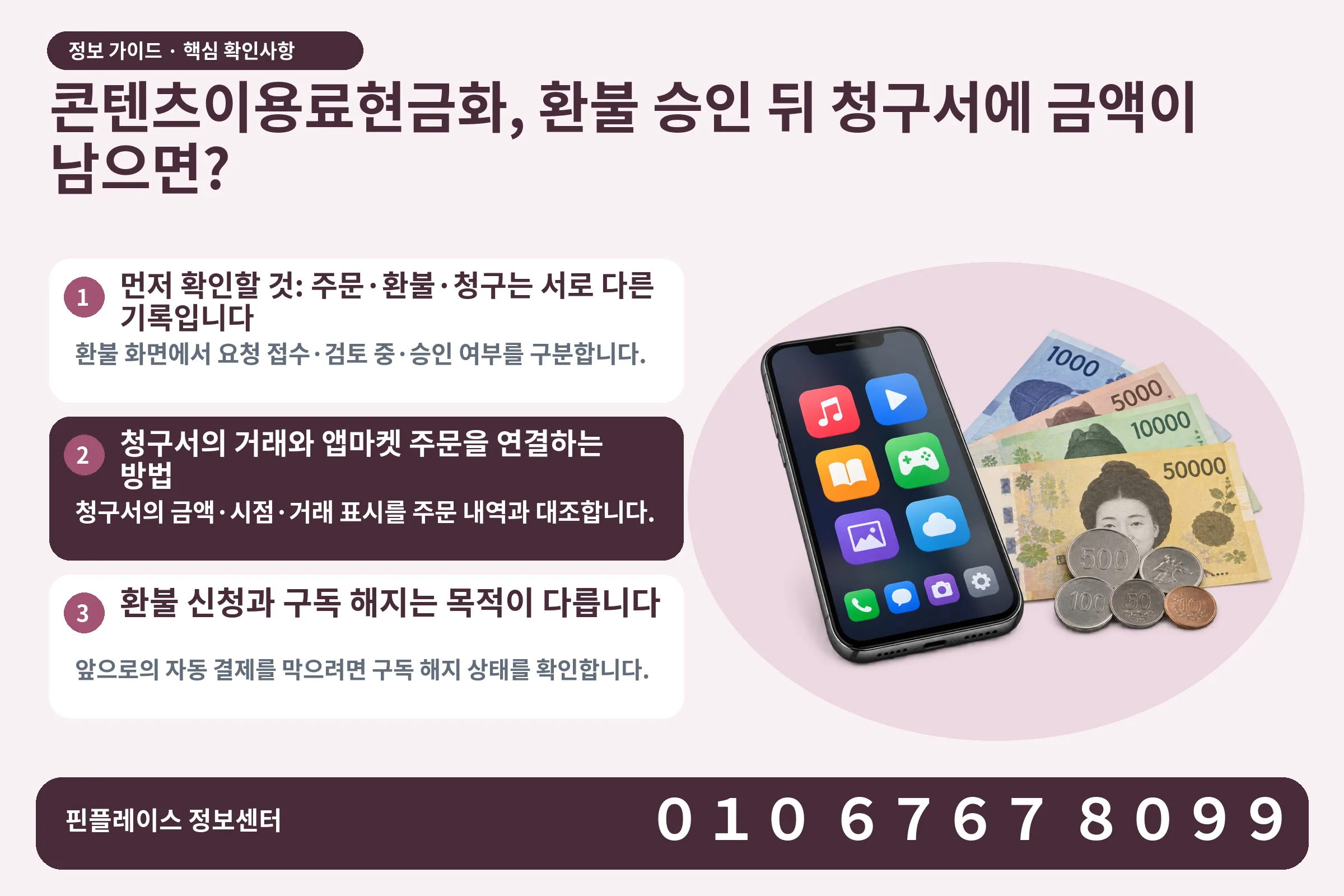 콘텐츠이용료현금화, 환불 승인 뒤 청구서에 금액이 남으면? · 콘텐츠 결제 화면 / 현금·동전 · 본문 확인사항: 먼저 확인할 것: 주문·환불·청구는 서로 다른 기록입니다; 청구서의 거래와 앱마켓 주문을 연결하는 방법; 환불 신청과 구독 해지는 목적이 다릅니다