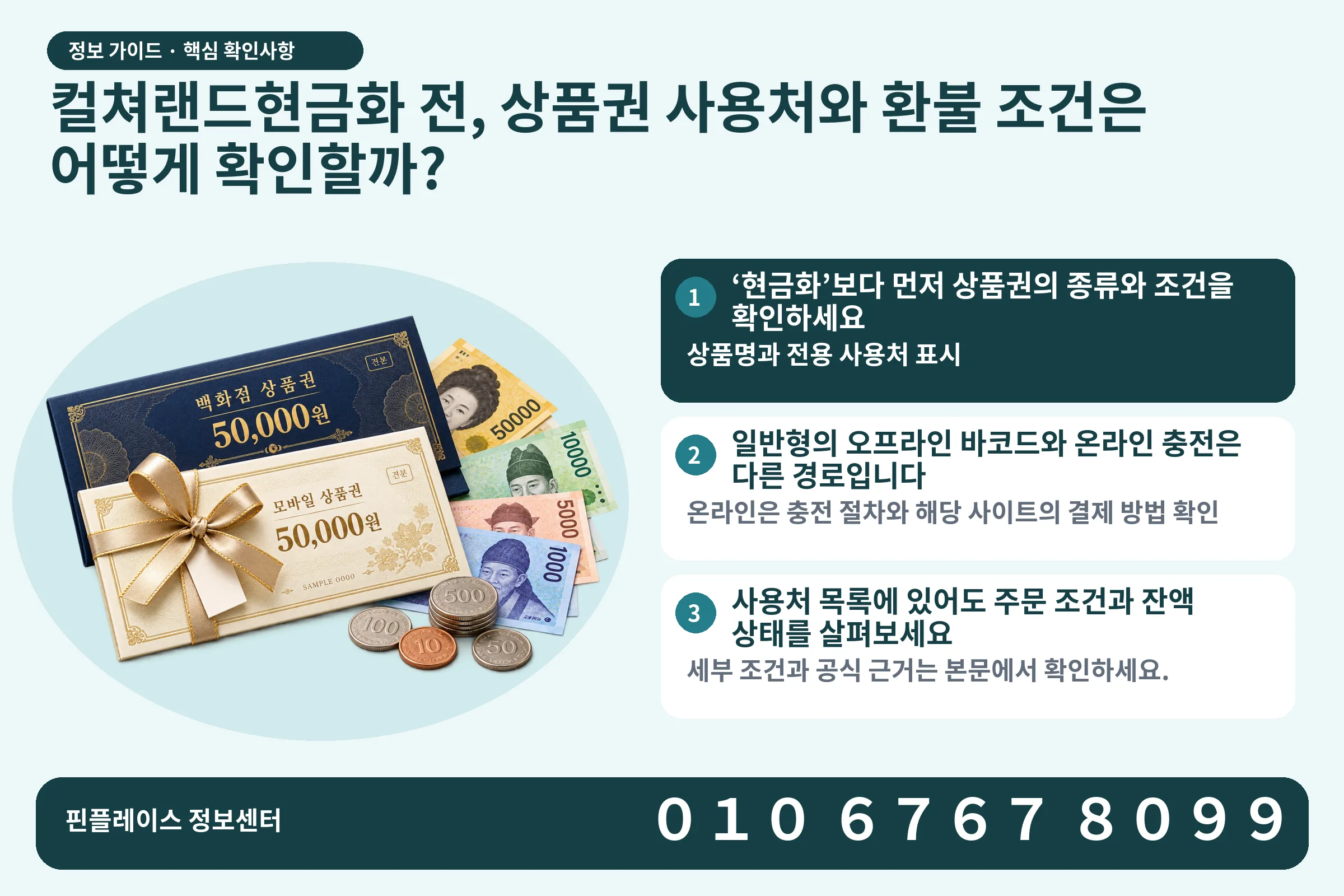 컬쳐랜드현금화 전, 상품권 사용처와 환불 조건은 어떻게 확인할까? · 상품권 / 현금·동전 · 본문 확인사항: ‘현금화’보다 먼저 상품권의 종류와 조건을 확인하세요; 일반형의 오프라인 바코드와 온라인 충전은 다른 경로입니다; 사용처 목록에 있어도 주문 조건과 잔액 상태를 살펴보세요