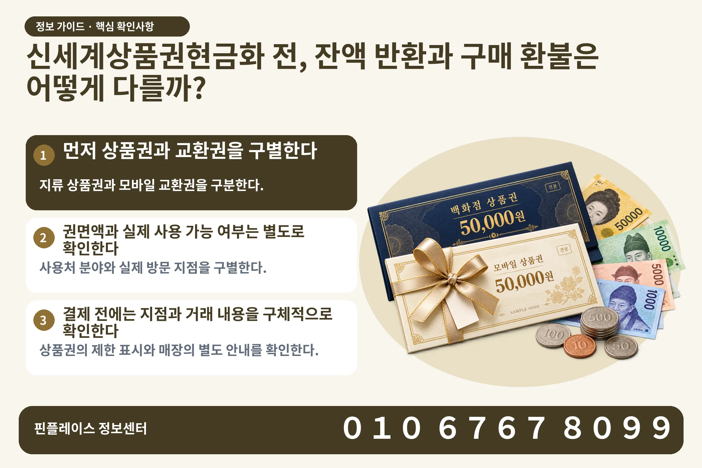 신세계상품권현금화 전, 잔액 반환과 구매 환불은 어떻게 다를까? · 상품권 / 현금·동전 · 본문 확인사항: 먼저 상품권과 교환권을 구별한다; 권면액과 실제 사용 가능 여부는 별도로 확인한다; 결제 전에는 지점과 거래 내용을 구체적으로 확인한다