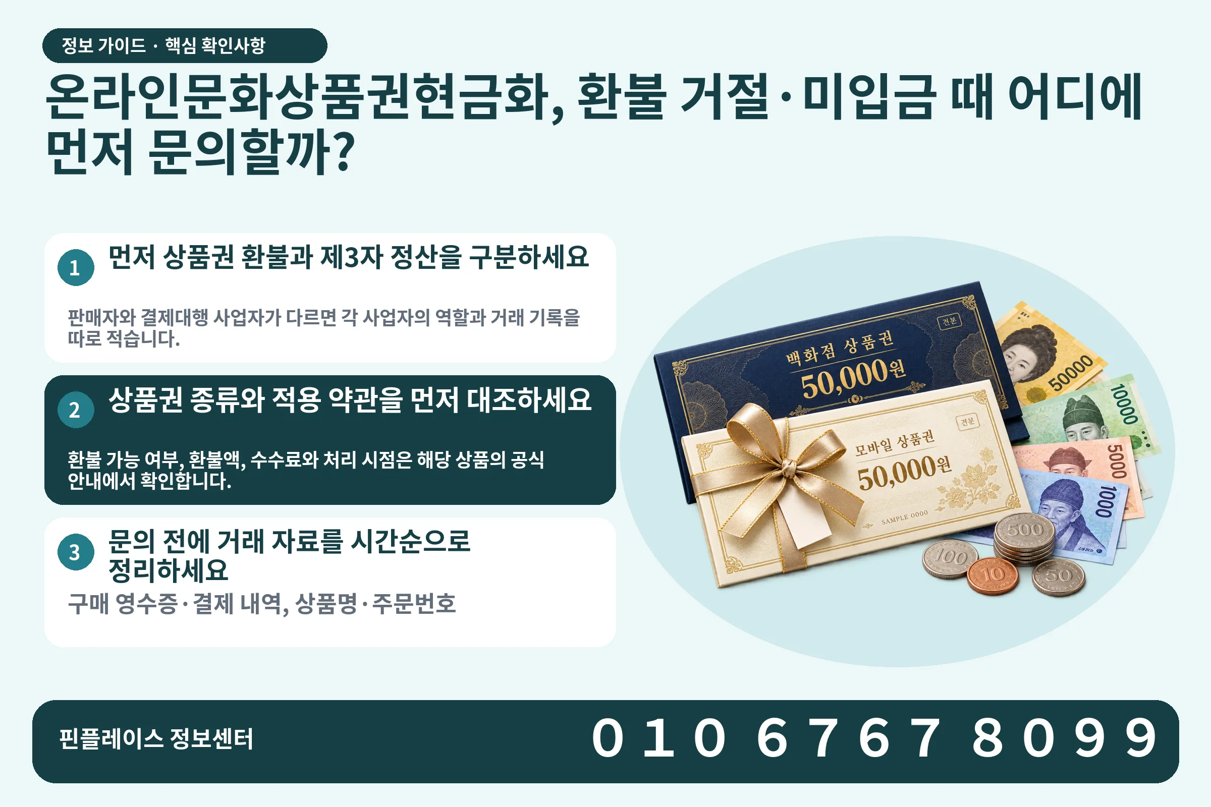온라인문화상품권현금화, 환불 거절·미입금 때 어디에 먼저 문의할까? · 상품권 / 현금·동전 · 본문 확인사항: 먼저 상품권 환불과 제3자 정산을 구분하세요; 상품권 종류와 적용 약관을 먼저 대조하세요; 문의 전에 거래 자료를 시간순으로 정리하세요