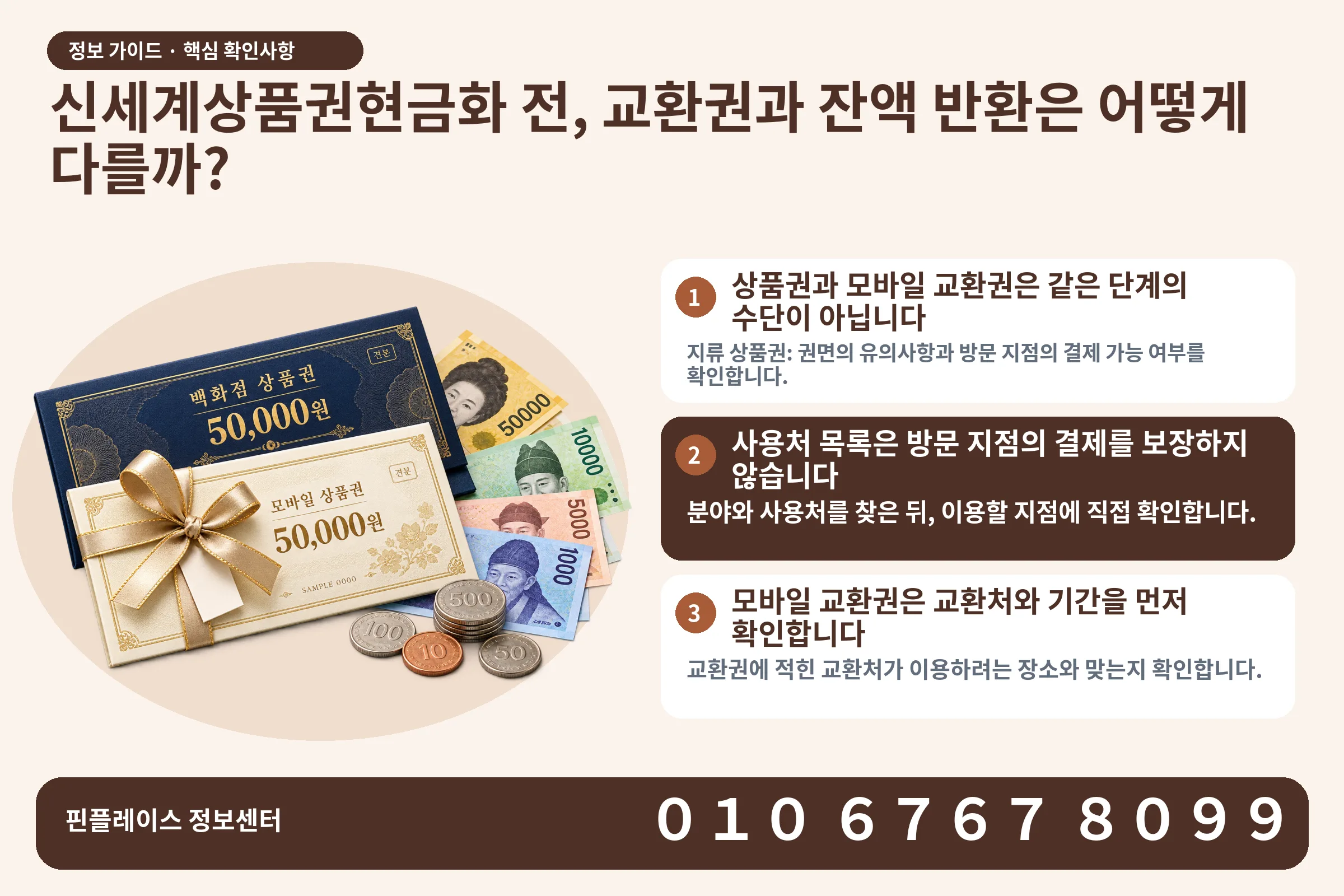 신세계상품권현금화 전, 교환권과 잔액 반환은 어떻게 다를까? · 상품권 / 현금·동전 · 본문 확인사항: 상품권과 모바일 교환권은 같은 단계의 수단이 아닙니다; 사용처 목록은 방문 지점의 결제를 보장하지 않습니다; 모바일 교환권은 교환처와 기간을 먼저 확인합니다