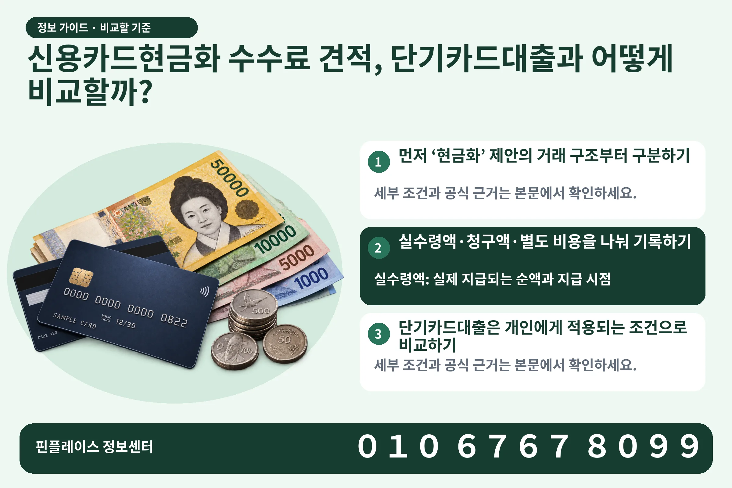 신용카드현금화 수수료 견적, 단기카드대출과 어떻게 비교할까? · 신용카드 / 현금·동전 · 본문 확인사항: 먼저 ‘현금화’ 제안의 거래 구조부터 구분하기; 실수령액·청구액·별도 비용을 나눠 기록하기; 단기카드대출은 개인에게 적용되는 조건으로 비교하기