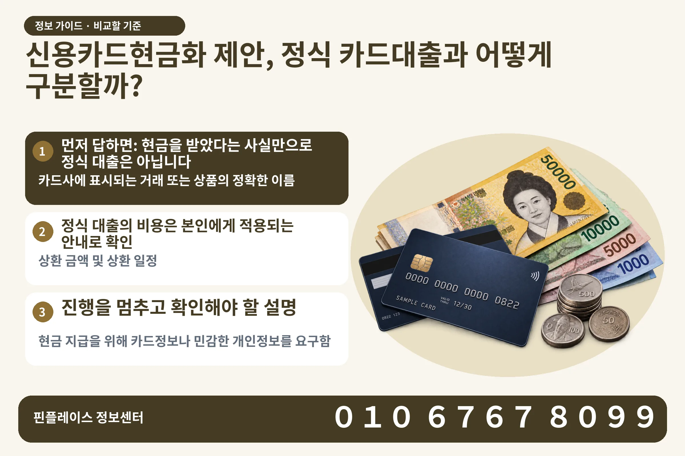 신용카드현금화 제안, 정식 카드대출과 어떻게 구분할까? · 신용카드 / 현금·동전 · 본문 확인사항: 먼저 답하면: 현금을 받았다는 사실만으로 정식 대출은 아닙니다; 정식 대출의 비용은 본인에게 적용되는 안내로 확인; 진행을 멈추고 확인해야 할 설명
