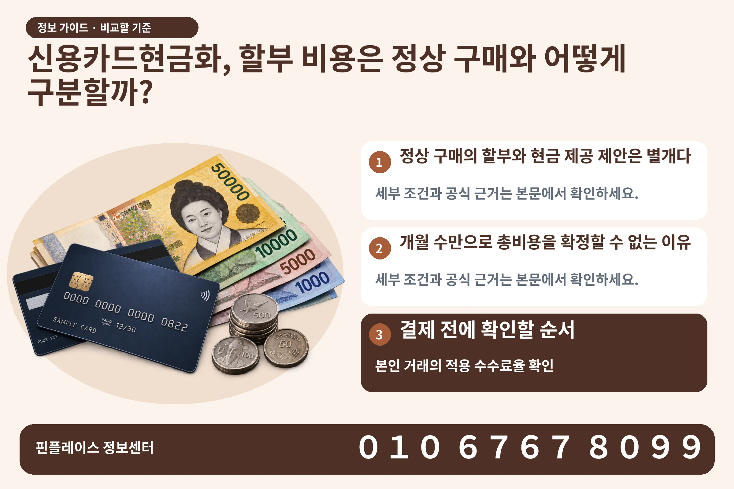 신용카드현금화, 할부 비용은 정상 구매와 어떻게 구분할까? · 신용카드 / 현금·동전 · 본문 확인사항: 정상 구매의 할부와 현금 제공 제안은 별개다; 개월 수만으로 총비용을 확정할 수 없는 이유; 결제 전에 확인할 순서