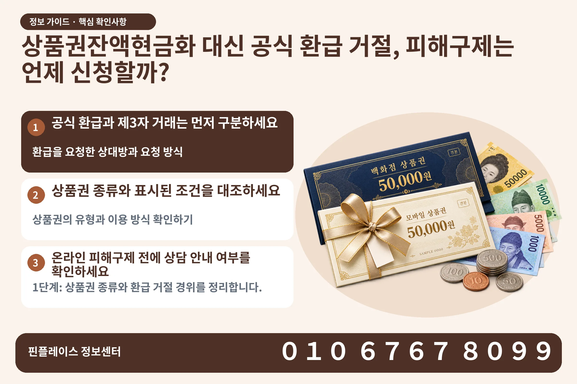 상품권잔액현금화 대신 공식 환급 거절, 피해구제는 언제 신청할까? · 상품권 / 현금·동전 · 본문 확인사항: 공식 환급과 제3자 거래는 먼저 구분하세요; 상품권 종류와 표시된 조건을 대조하세요; 온라인 피해구제 전에 상담 안내 여부를 확인하세요