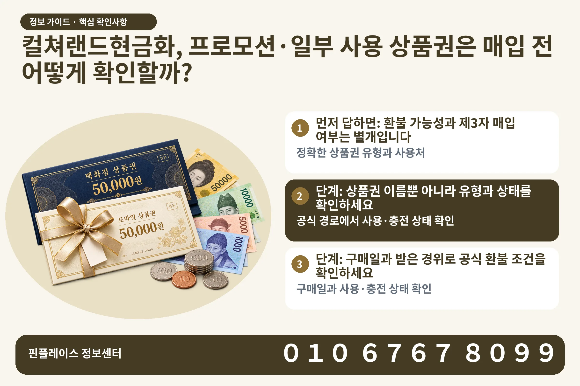 컬쳐랜드현금화, 프로모션·일부 사용 상품권은 매입 전 어떻게 확인할까? · 상품권 / 현금·동전 · 본문 확인사항: 먼저 답하면: 환불 가능성과 제3자 매입 여부는 별개입니다; 단계: 상품권 이름뿐 아니라 유형과 상태를 확인하세요; 단계: 구매일과 받은 경위로 공식 환불 조건을 확인하세요
