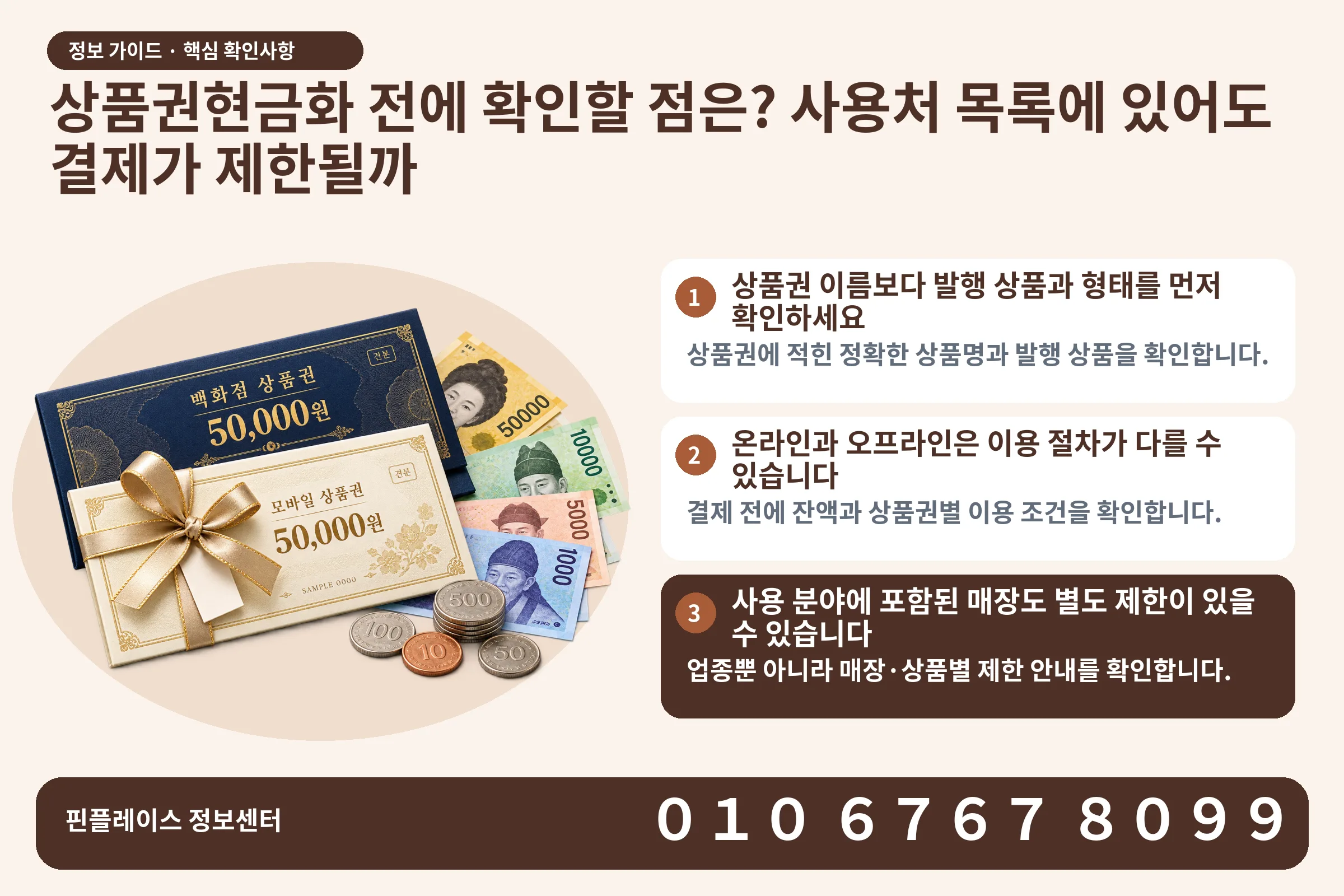 상품권현금화 전에 확인할 점은? 사용처 목록에 있어도 결제가 제한될까 · 상품권 / 현금·동전 · 본문 확인사항: 상품권 이름보다 발행 상품과 형태를 먼저 확인하세요; 온라인과 오프라인은 이용 절차가 다를 수 있습니다; 사용 분야에 포함된 매장도 별도 제한이 있을 수 있습니다